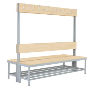 Double-sided cloakroom bench with hooks and shoe storage, RAL 7035, Birch 1715 BS