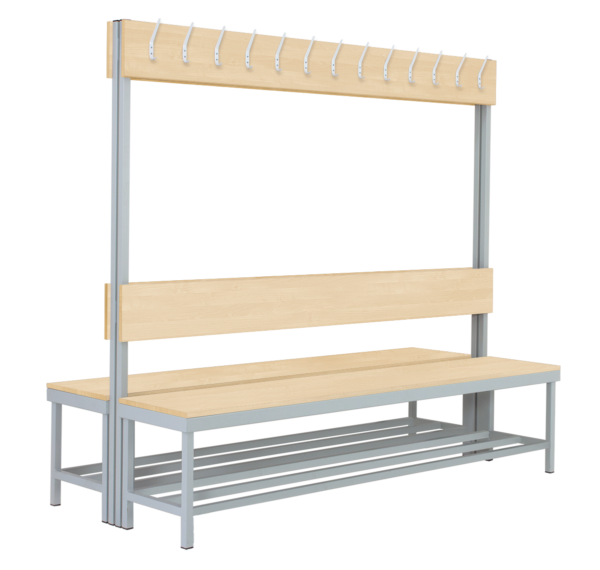 Double-sided cloakroom bench with hooks and shoe storage, RAL 7035, Birch 1715 BS