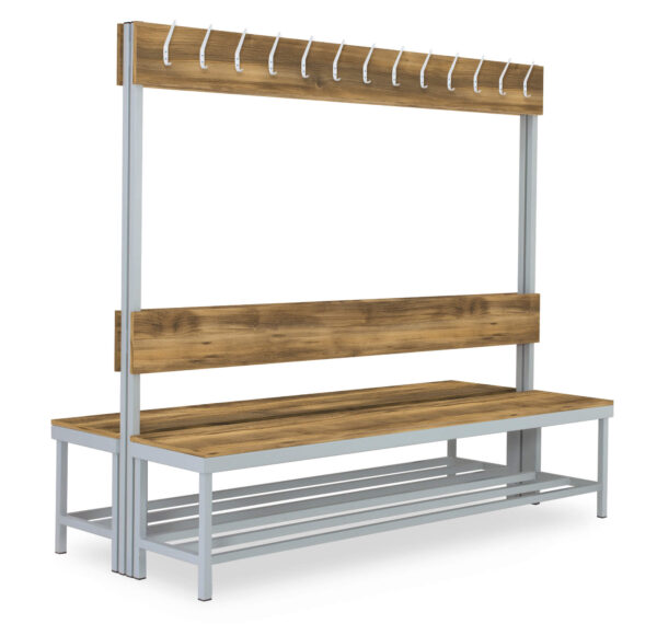 Double-sided cloakroom bench with hooks