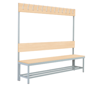 One-sided cloakroom bench with hooks and shoe storage, RAL 7035, Birch 1715 BS