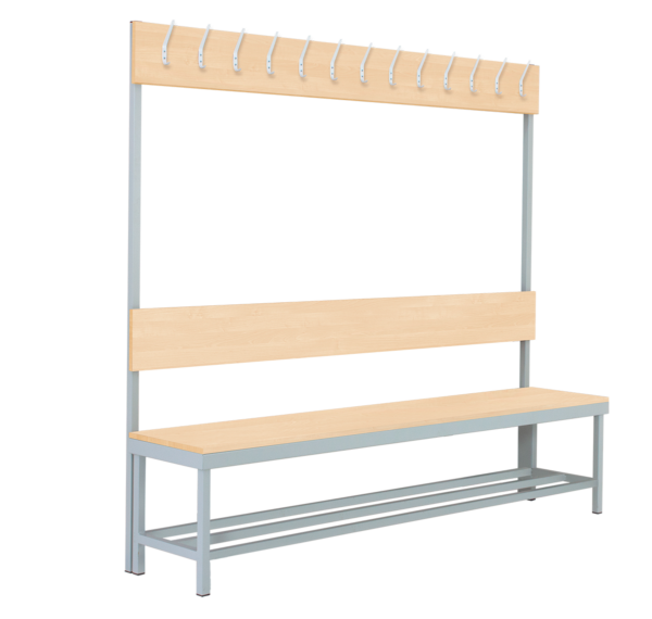 One-sided cloakroom bench with hooks and shoe storage, RAL 7035, Birch 1715 BS