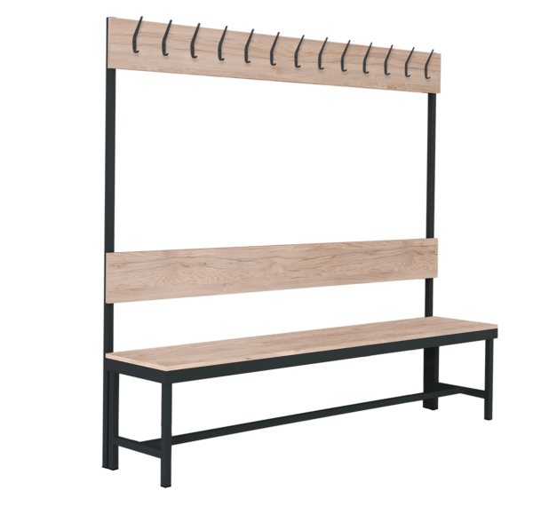 One-side cloakroom bench with hooks, RAL 9005, Light Rockford Hickory K085 PW