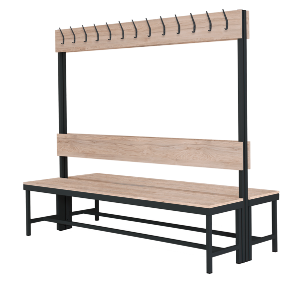 Double-sided cloakroom bench with hooks, RAL 9005, Light Rockford Hickory K085 PW